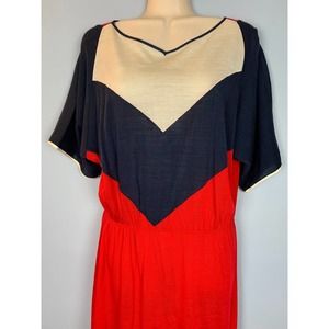 80s Red White Blue Chevron Midi Dress Short Sleeves Key Hole Color Block B7